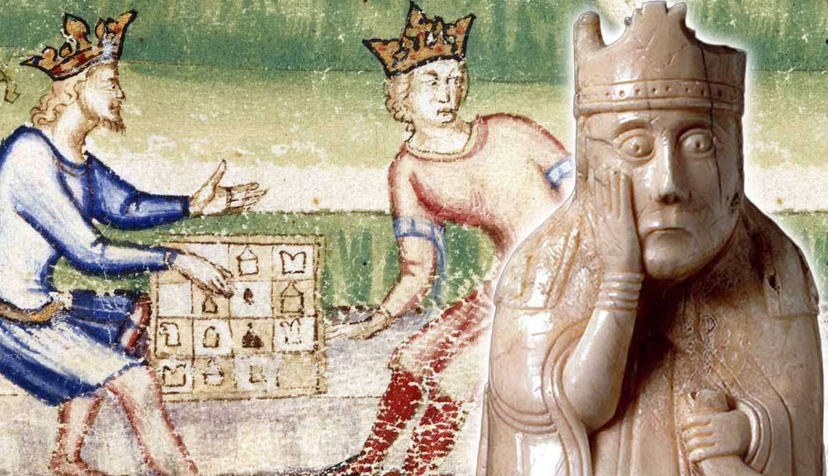 Medieval illustration and carved ivory chess piece