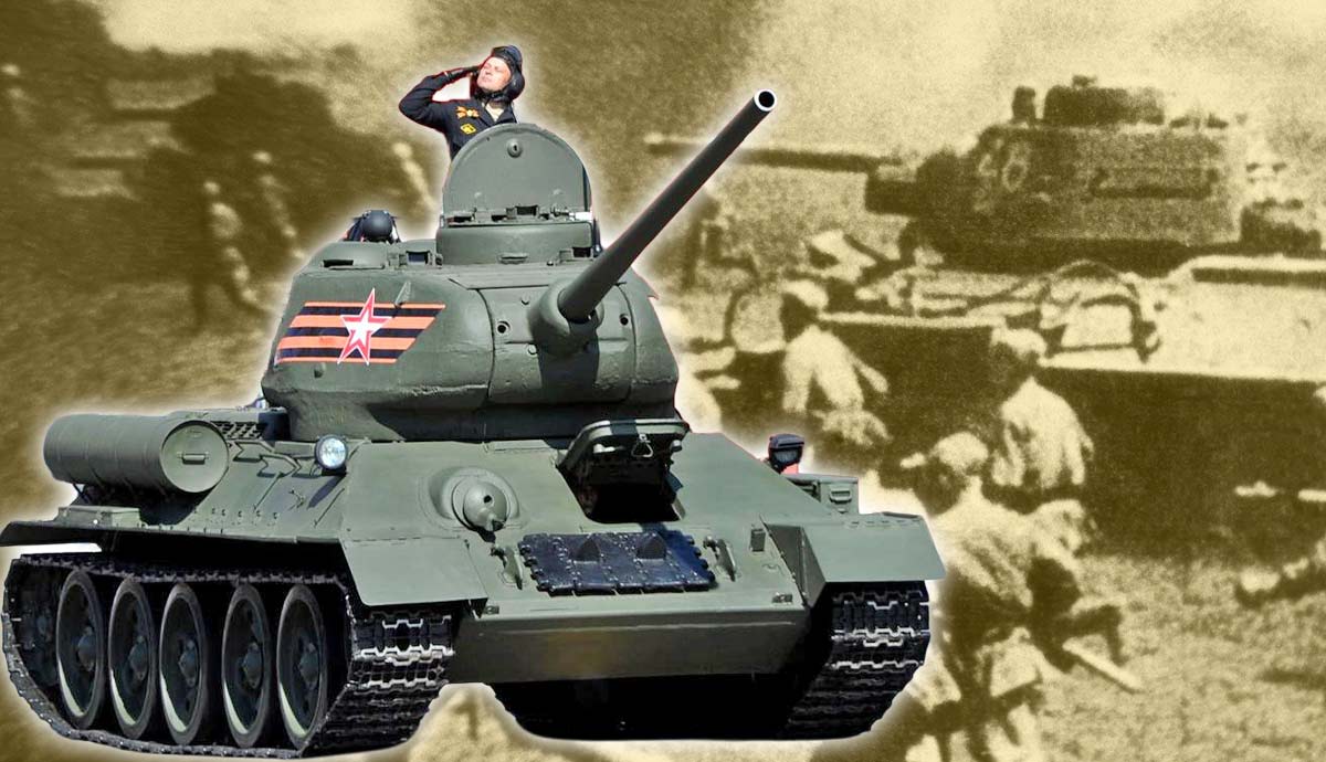Soviet T 34 tank and soldiers