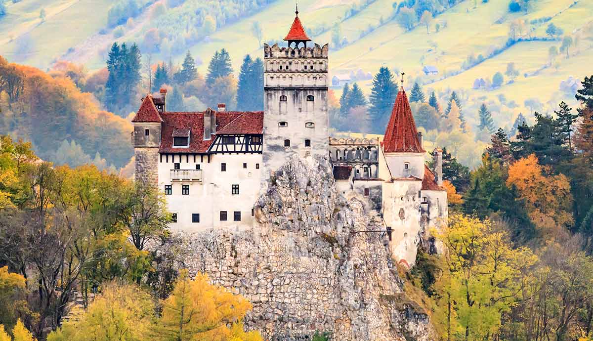 image shows Bran Castle, located in Romania's Transylvania region