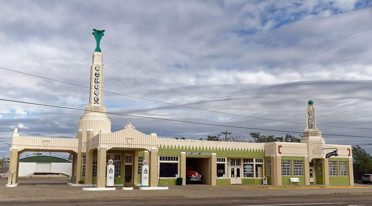 Art Deco facade of the U-Drop Inn and Tower Station in Shamrock, Texas, along historic Route 66
