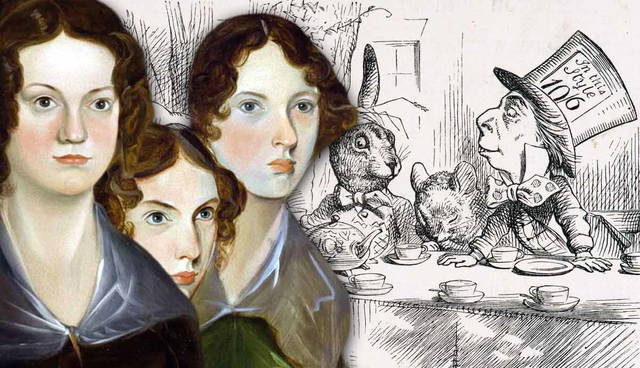 Brontë sisters portrait with Wonderland tea party illustration