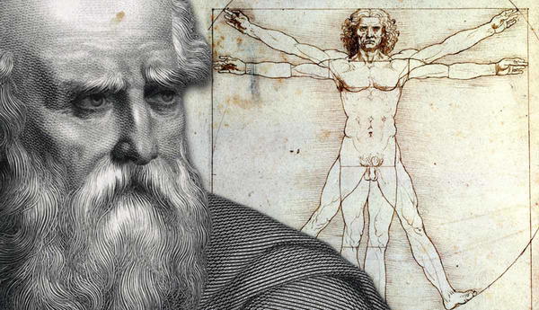 Portrait of Vitruvius beside the Vitruvian Man sketch