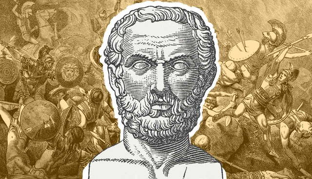 Thucydides bust overlaid on battle scene
