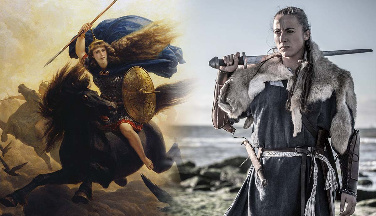 viking Warrior woman on horseback beside modern viking fighter