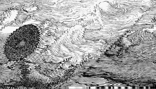 woodcut engraving Fulla on her way to geirrod court