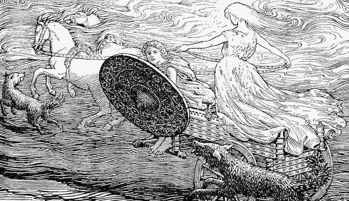 woodcut engraving Fulla on her way to geirrod court