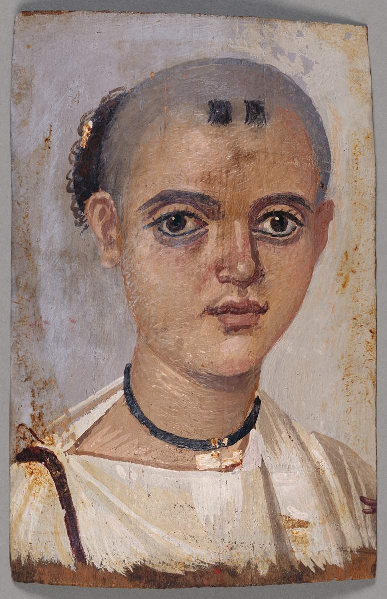 Mummy portrait of a youth wearing an amulet, ancient Egyptian