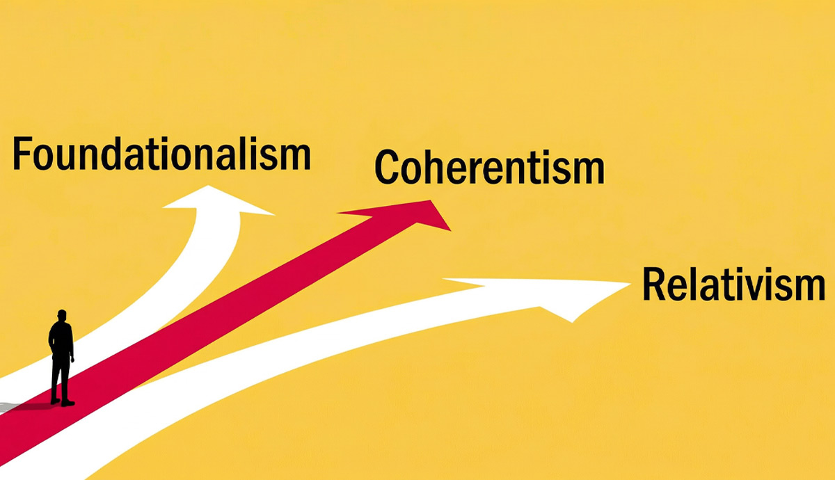 Person choosing between three philosophical paths