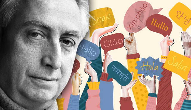 Roland Barthes portrait with multilingual greetings