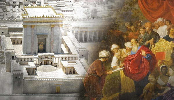 Temple model beside historical court painting