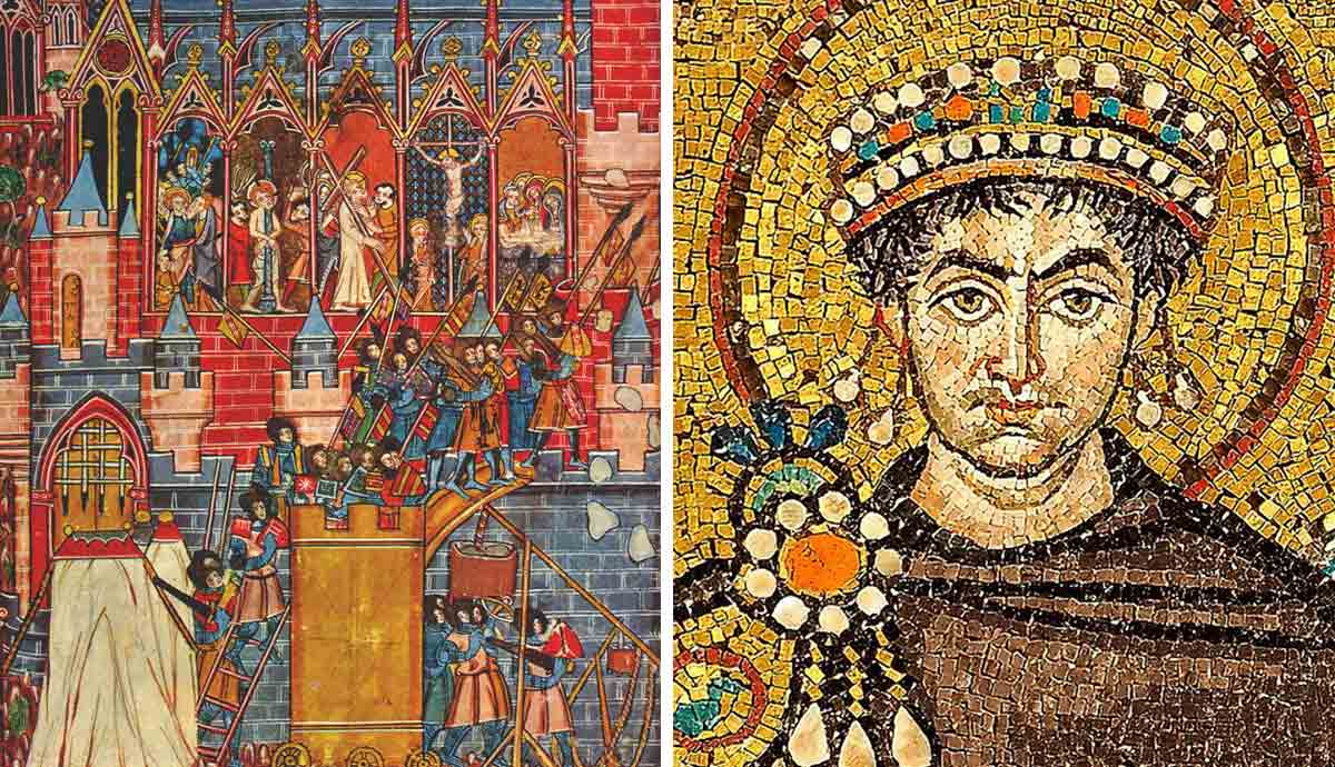 Justinian I mosaic and Jerusalem siege illustration
