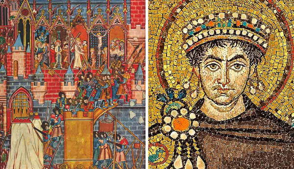 Justinian I mosaic and Jerusalem siege illustration