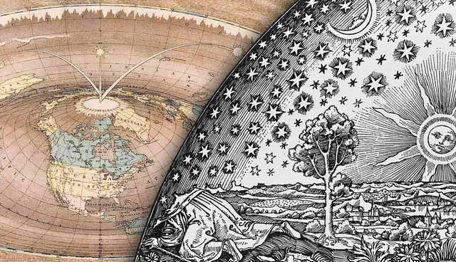 Flat earth map and celestial woodcut