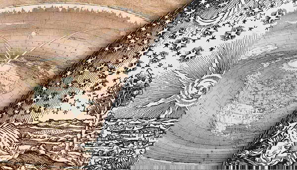 Flat earth map and celestial woodcut