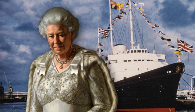 Queen Elizabeth II portrait beside the HMY Britannia