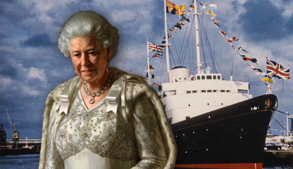 Queen Elizabeth II portrait beside the HMY Britannia