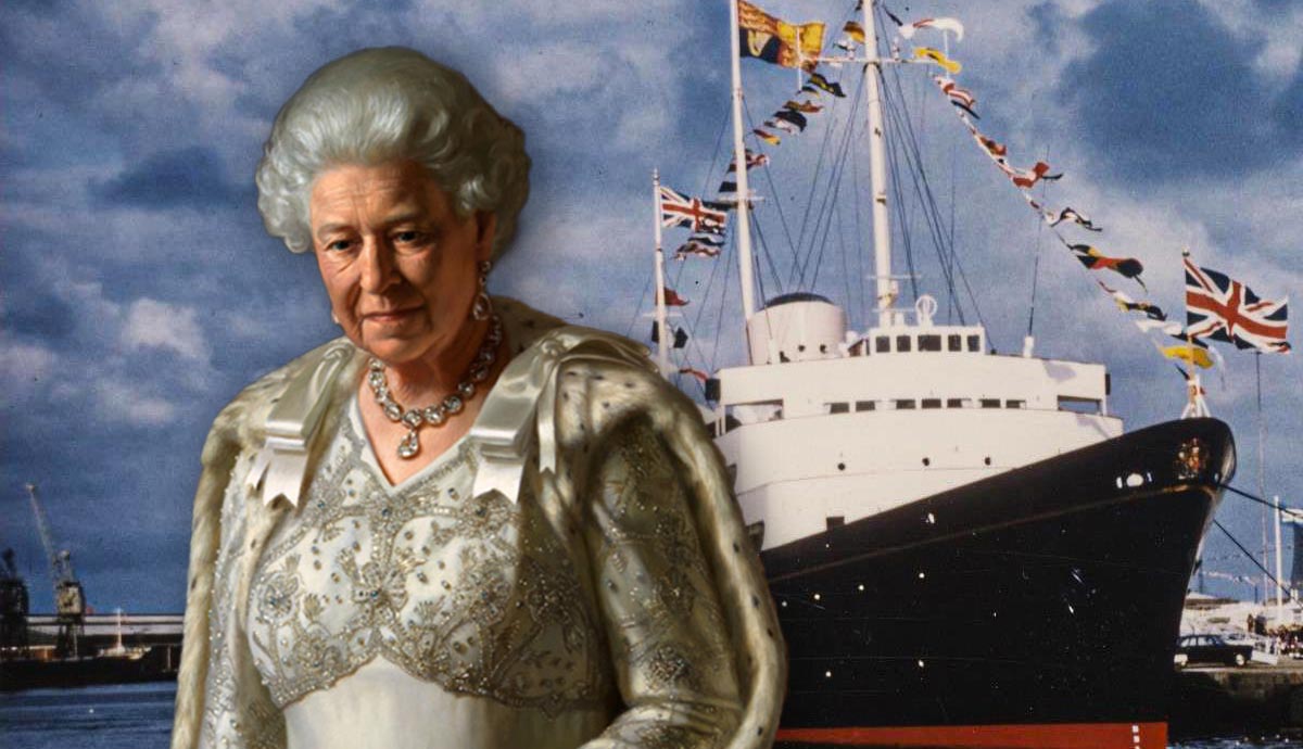 Queen Elizabeth II portrait beside the HMY Britannia