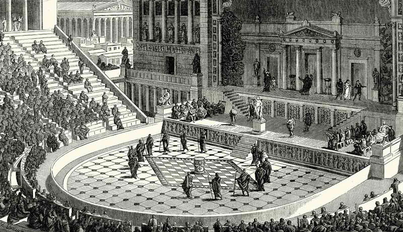 Illustration of ancient Greek theatrical performance