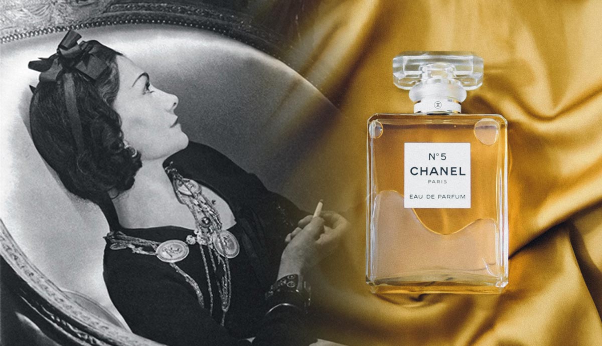 Coco Chanel portrait alongside Chanel No. 5