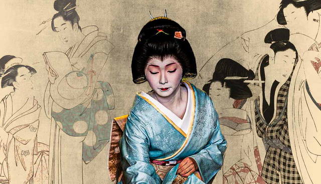 Geisha before traditional Japanese woodblock print