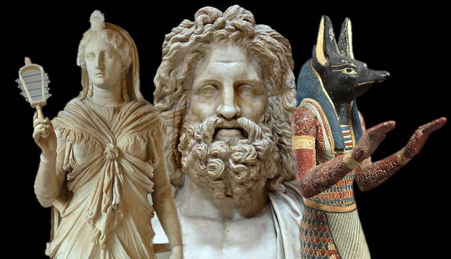 Isis, Serapis, and Anubis statues