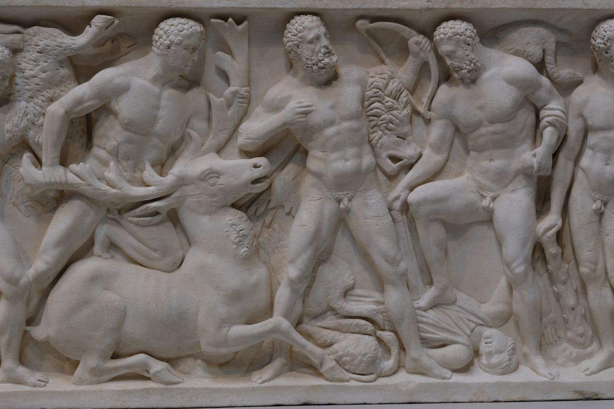 Marble sarcophagus with lid, intricately carved with scenes of the Labours of Hercules, from the Torlonia Collection, on display at the Montreal Museum of Fine Arts.