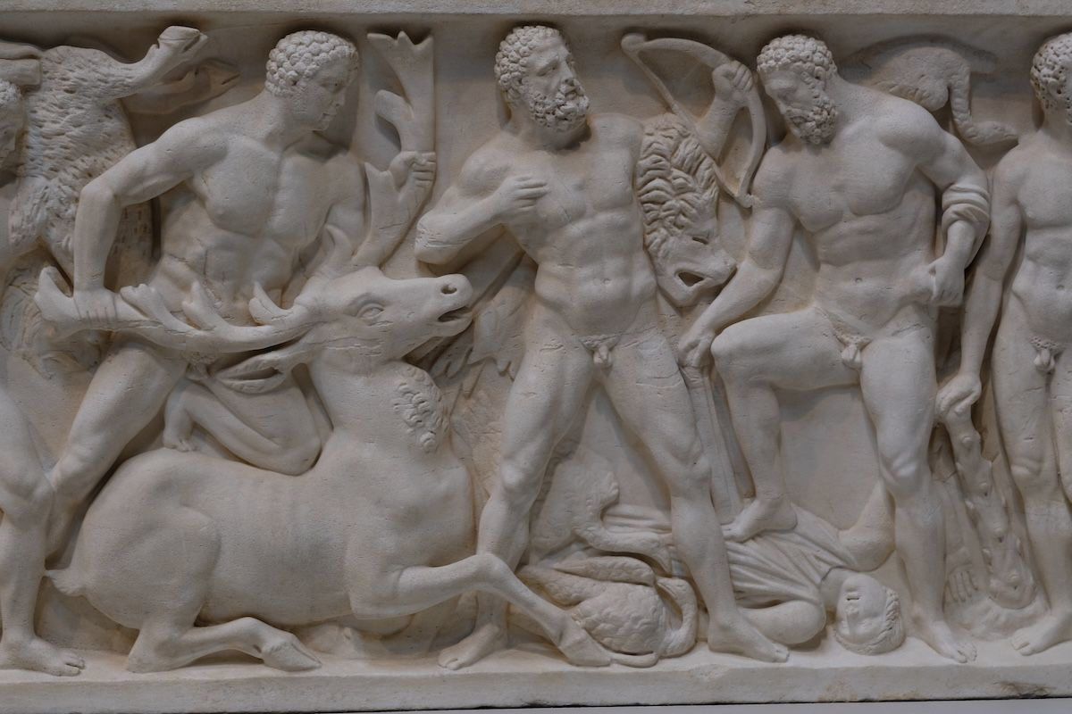 Marble sarcophagus with lid, intricately carved with scenes of the Labours of Hercules, from the Torlonia Collection, on display at the Montreal Museum of Fine Arts.