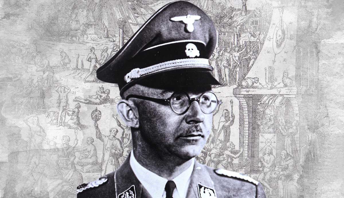 Heinrich Himmler portrait overlaid on witch trials illustrations