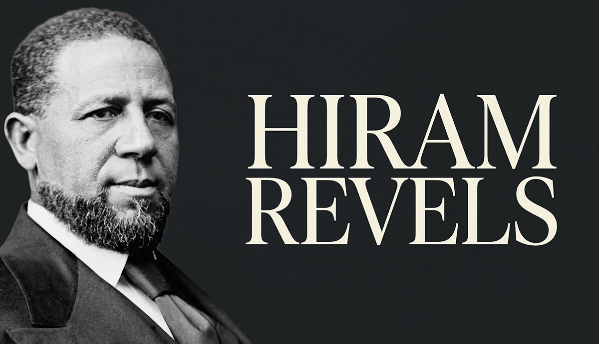Hiram Revels portrait with bold text