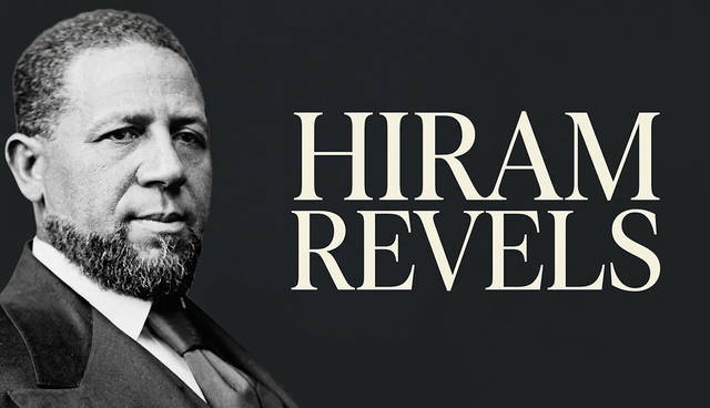 Hiram Revels portrait with bold text
