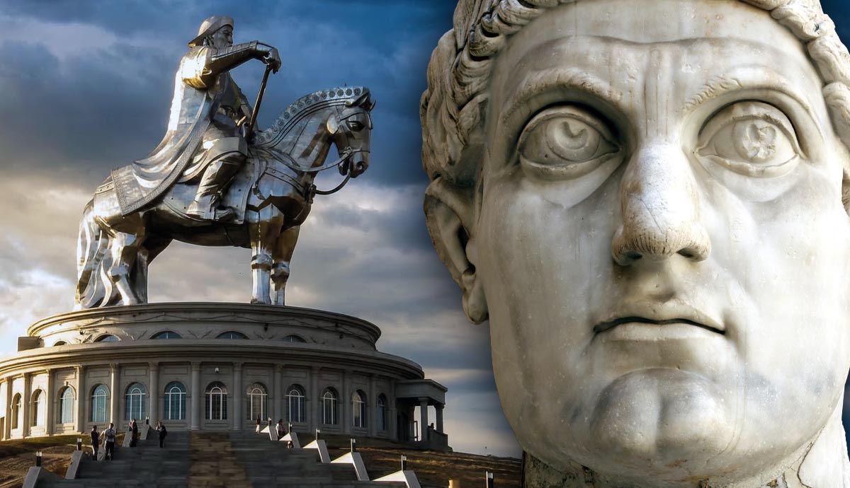 Genghis Khan statue and Constantine bust