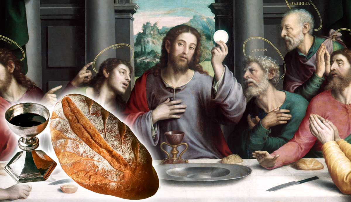 Last Supper painting, bread, and wine