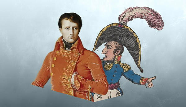 Napoleon portrait beside a satirical caricature