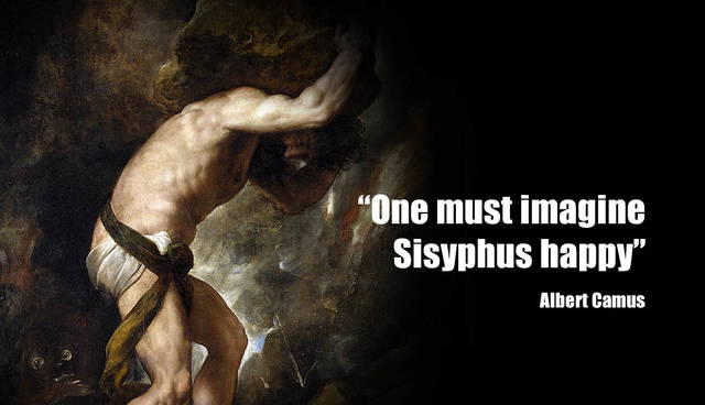 Sisyphus painting with Albert Camus quote