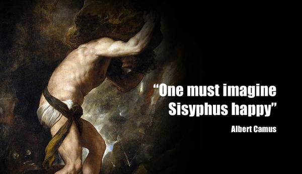 Sisyphus painting with Albert Camus quote
