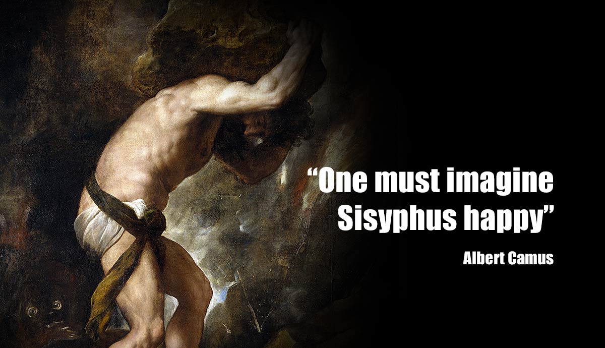 Sisyphus painting with Albert Camus quote