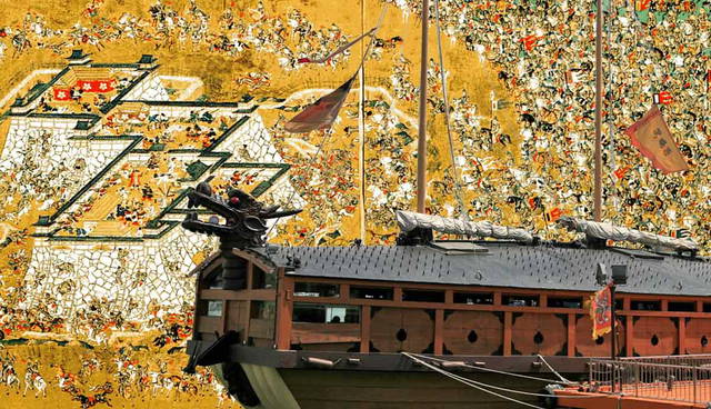 Korean turtle ship and castle battle