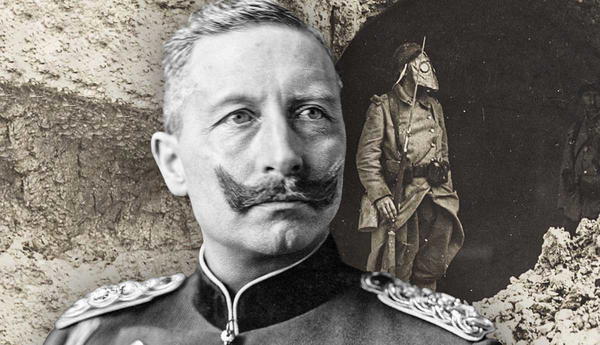 Kaiser Wilhelm II portrait beside a gas-masked soldier