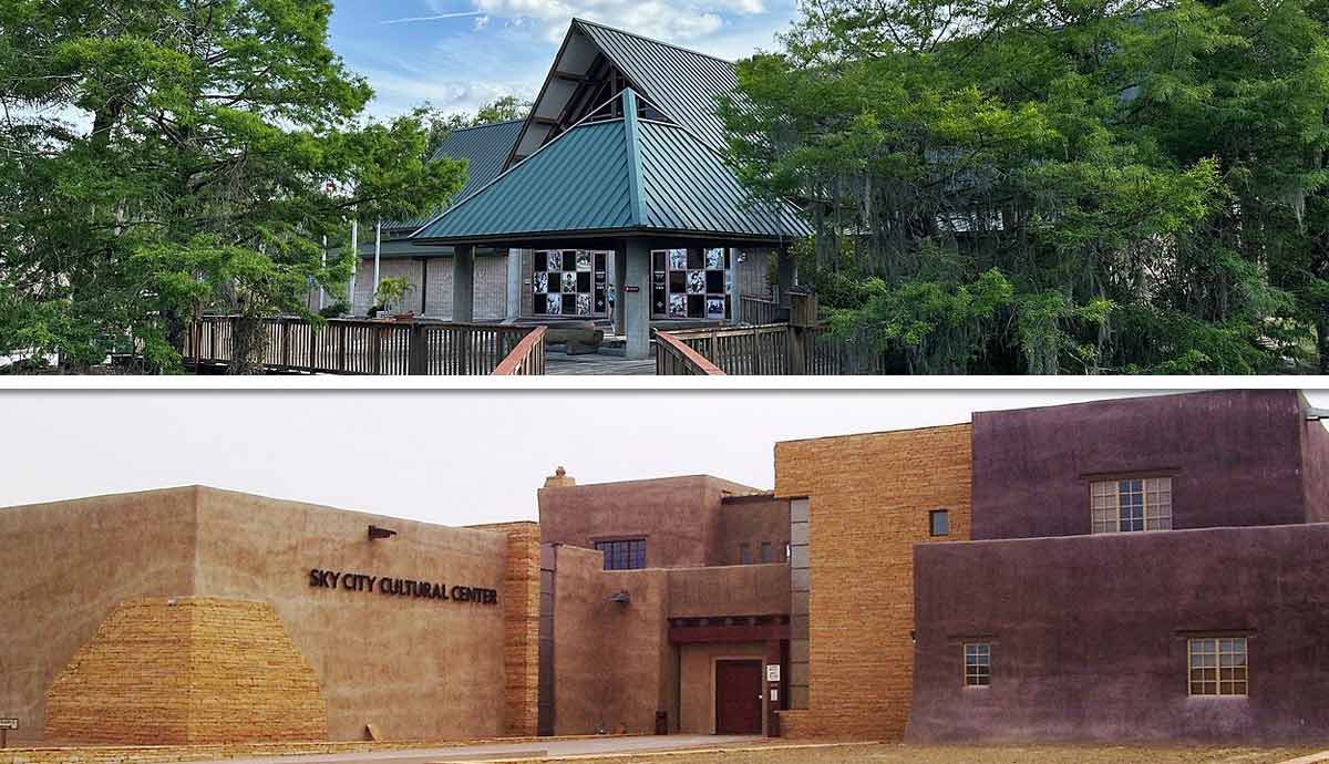 Two modern Indigenous cultural center buildings