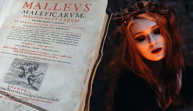 Malleus Maleficarum text beside red-haired woman