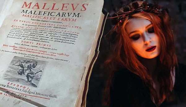 Malleus Maleficarum text beside red-haired woman