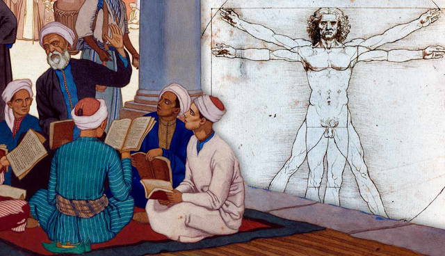 Islamic scholars beside Da Vinci's Vitruvian Man