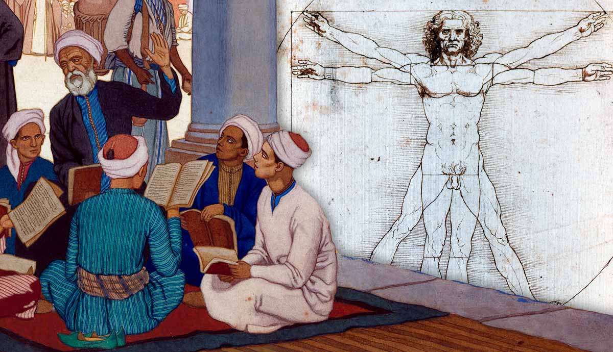 Islamic scholars beside Da Vinci's Vitruvian Man
