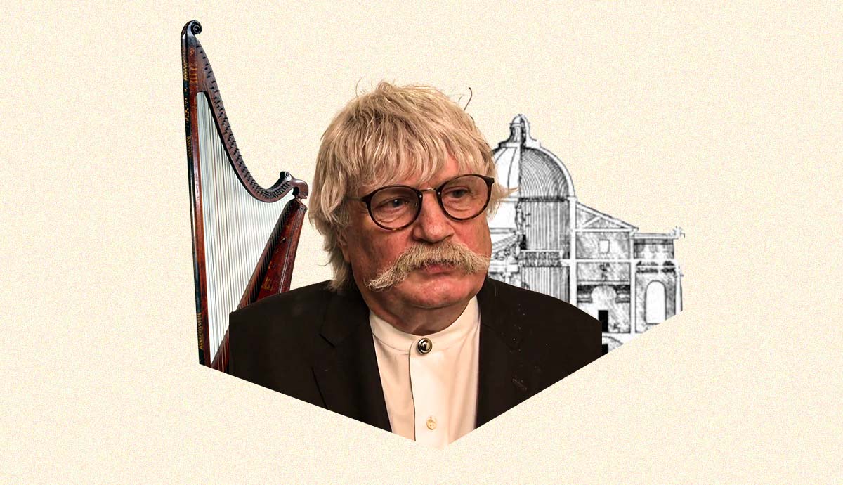 Karl Jenkins portrait with harp and cathedral