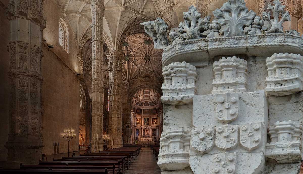 Interior of the Jerónimos Monastery in Lisbon beside the Portuguese coat of arms