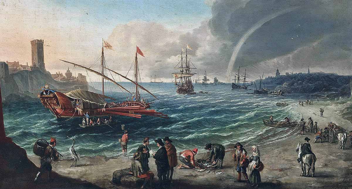 mediterranean coastal landscape with a embarking galley cornelis de wael