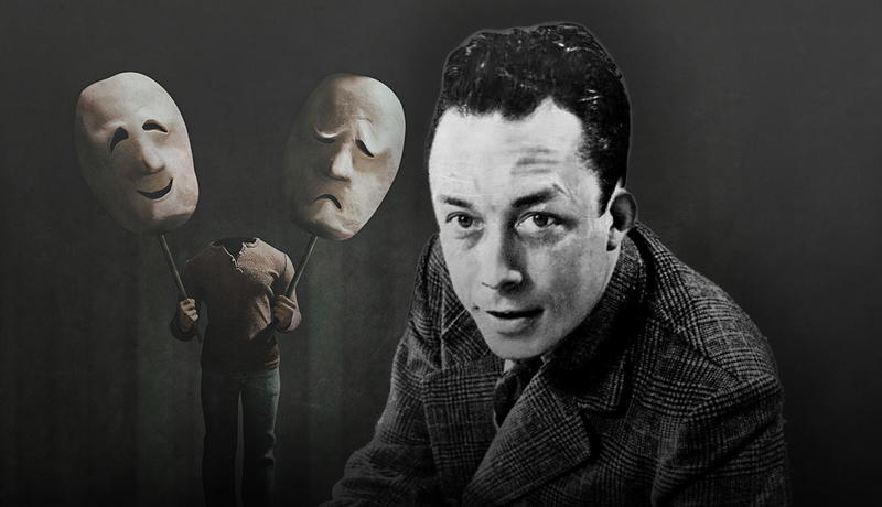 Albert Camus portrait with theatrical masks