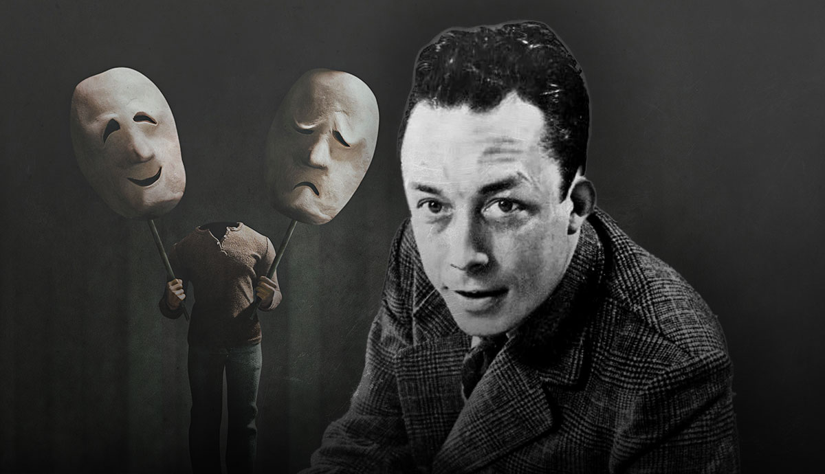 Albert Camus portrait with theatrical masks