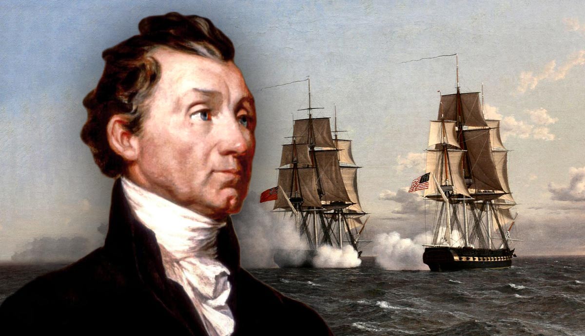 James Monroe portrait beside a naval battle