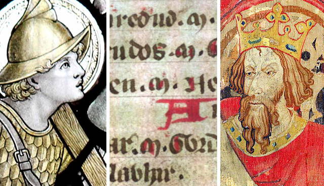 King, medieval text, and crowned ruler